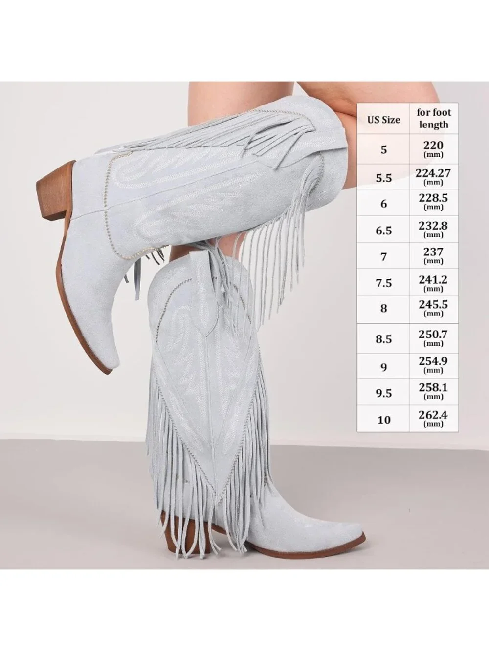 Women skyblue Leather Pull On Block Chunky Suede Fringe Cowboy Pointed Toe Boot - Picture 5 of 6